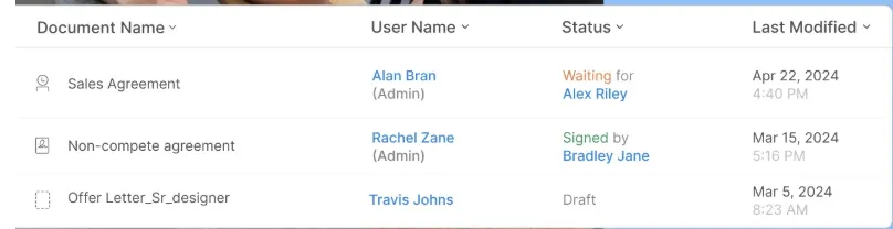 Document list with user names, status, and last modified dates