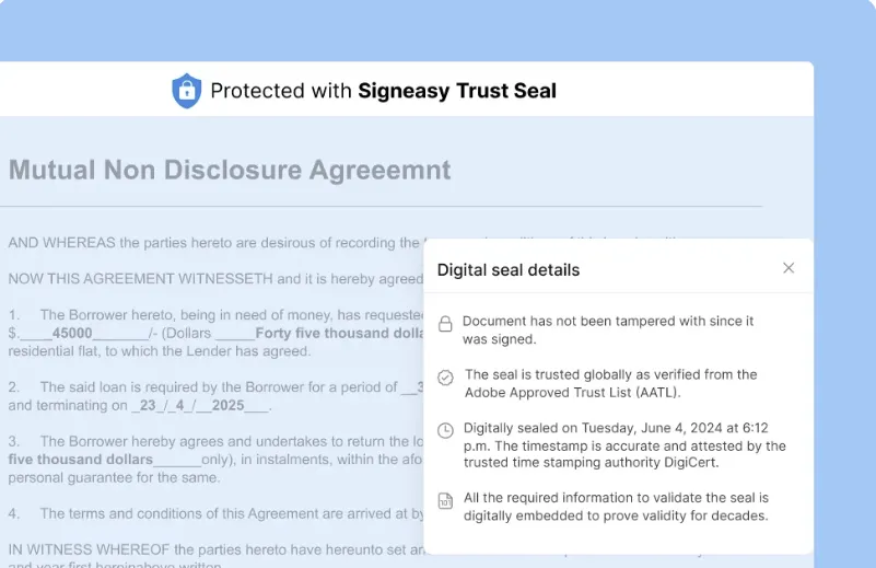 Digital seal details on signed loan agreement document