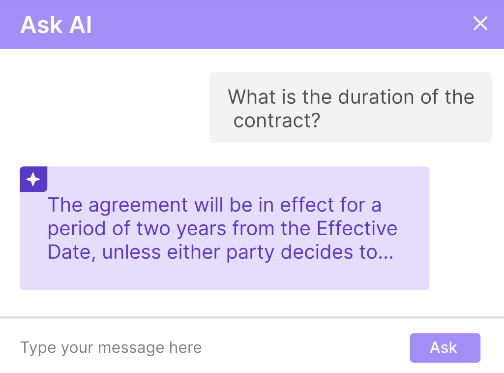 Interface showing AI extracting contract duration from agreement text in chat.