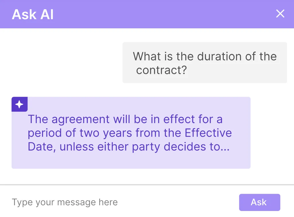 Interface showing AI extracting contract duration from agreement text in chat.