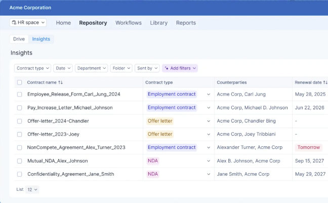 Contract management interface listing agreements, contract types, counterparties, and renewal timelines.