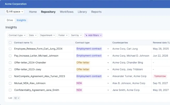 Contract management interface listing agreements, contract types, counterparties, and renewal timelines.