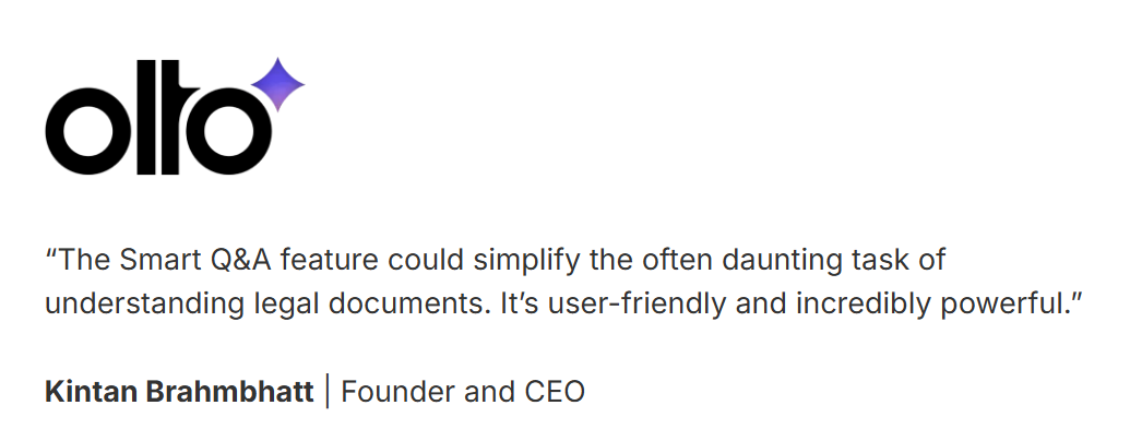 Testimonial about AI Smart Q&A simplifying complex legal document review.