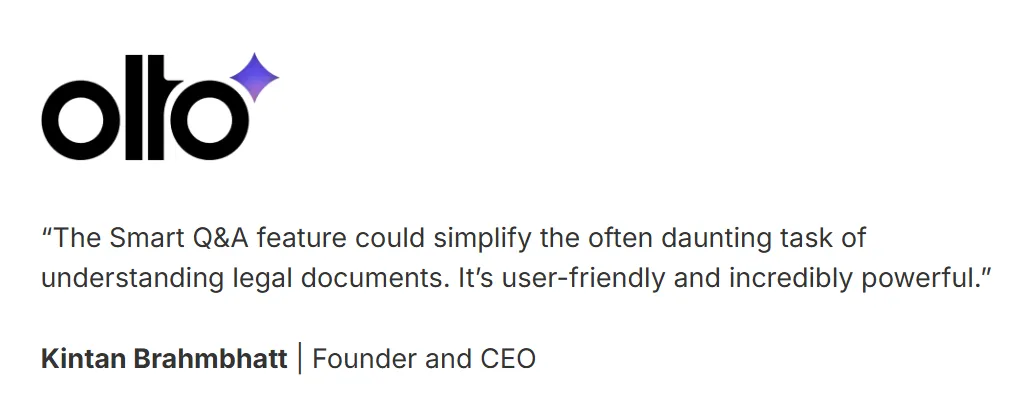 Testimonial about AI Smart Q&A simplifying complex legal document review.