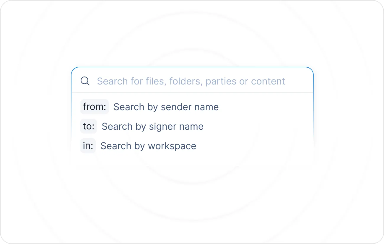 Global search panel showing filters for sender, signer, and document spaces.