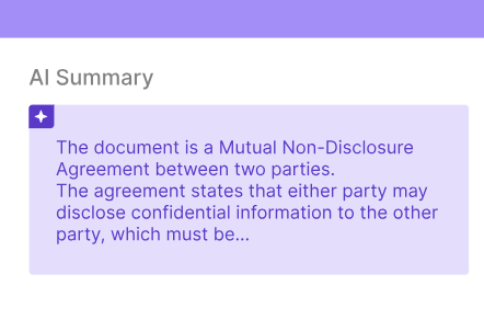 Interface showing AI summary of a mutual non-disclosure agreement document.