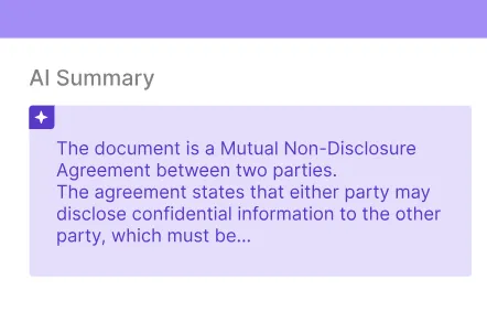 Interface showing AI summary of a mutual non-disclosure agreement document.