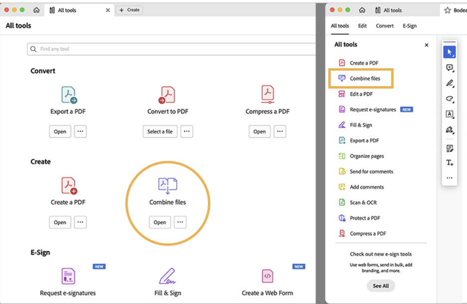 Highlighted combine files feature in Adobe Acrobat interface