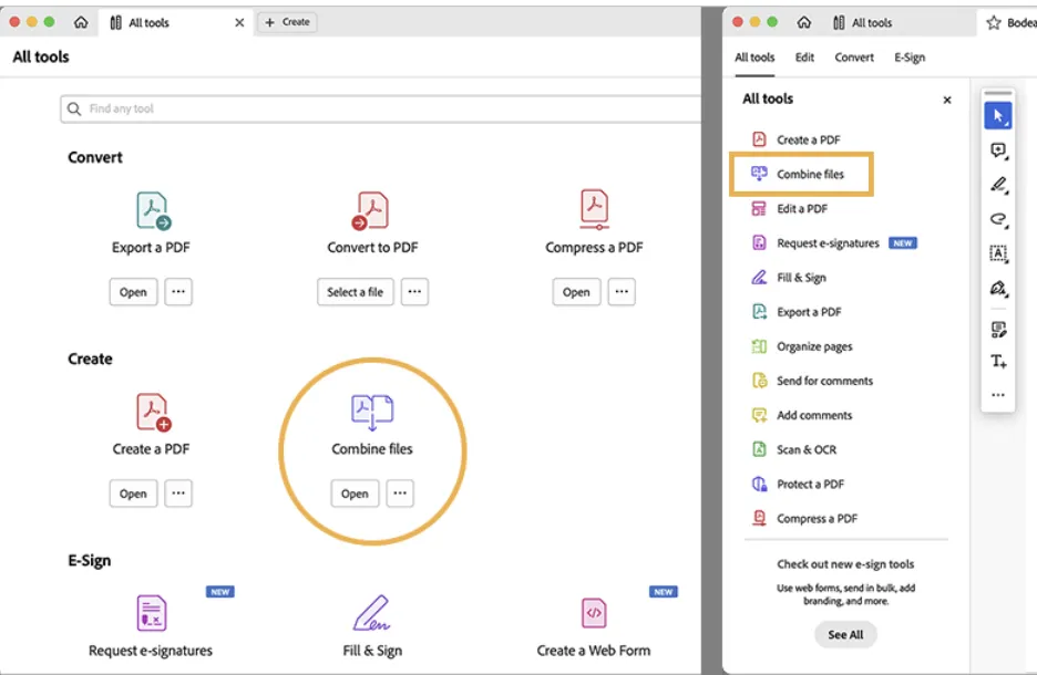 Highlighted combine files feature in Adobe Acrobat interface