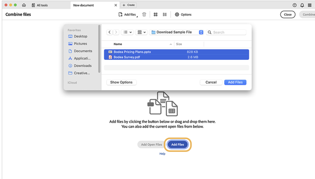 File picker showing multiple documents selected for merging