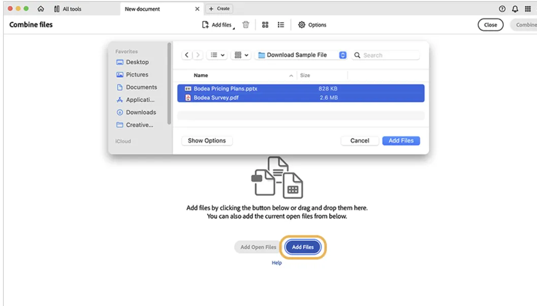 File picker showing multiple documents selected for merging