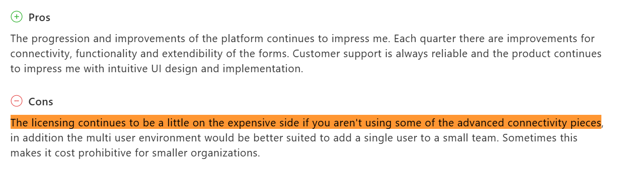 Capterra review by Jotform user citing expensive licensing for small teams
