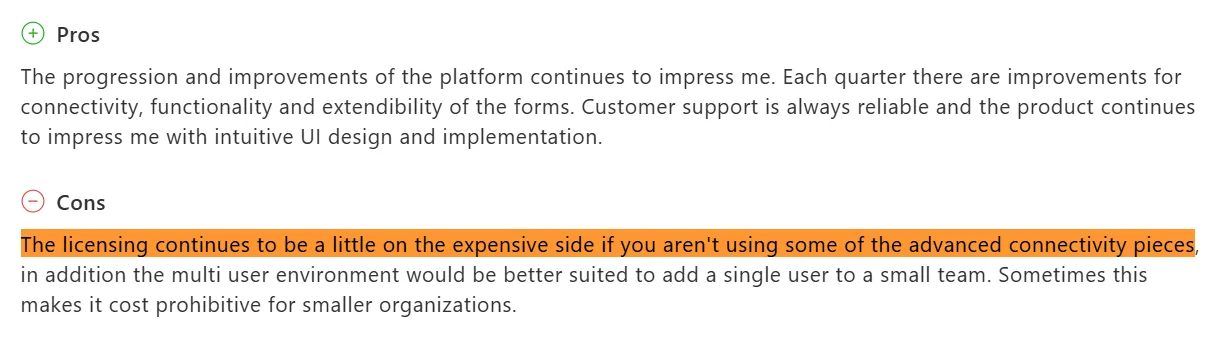 Capterra review by Jotform user citing expensive licensing for small teams