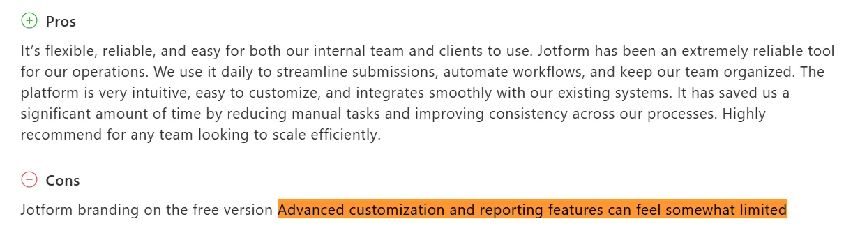 Screenshot of a Jotform user flagging reporting limitations in Jotform review
