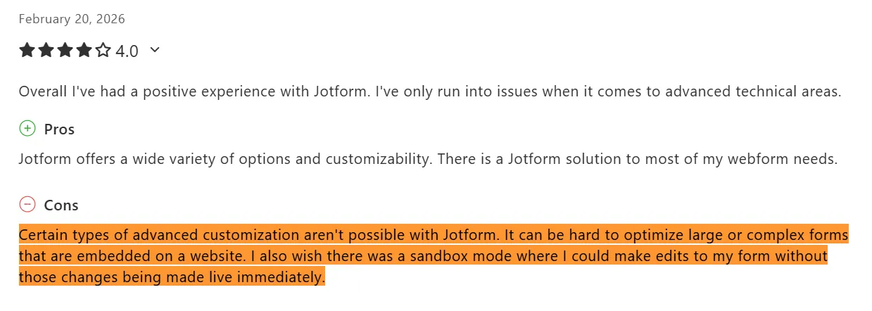Capterra review on Jotform's sandbox and customization limits