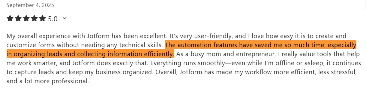 Screenshot of Capterra reviewer on running businesses with Jotform