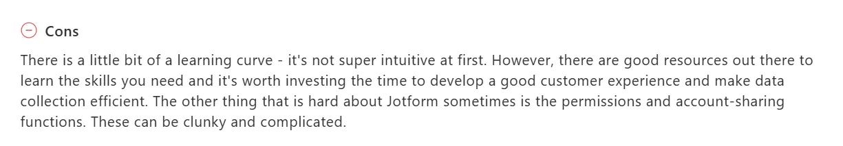 Screenshot of a Capterra reviewer flagging permissions and account-sharing in Jotform