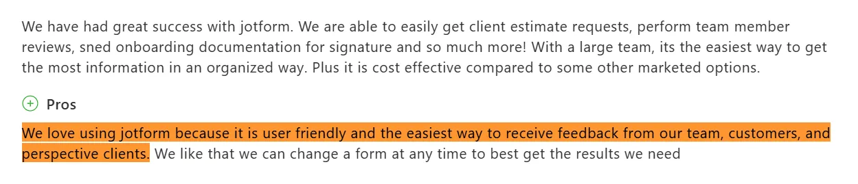 Screenshot of a Jotform reviewer on usability across team and client use