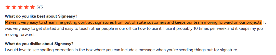 G2 review by a sales coordinator, on Signeasy's ease of use for teams