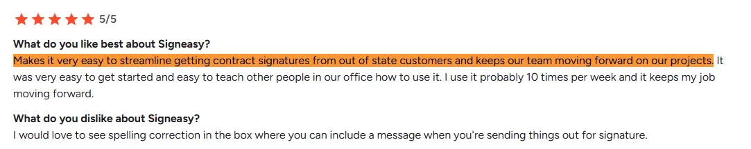 G2 review by a sales coordinator, on Signeasy's ease of use for teams