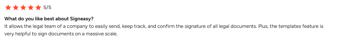 Verified enterprise G2 reviewer on signing and storing legal documents with Signeasy