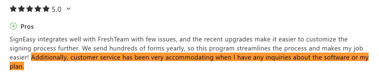 Signeasy review praising accommodating and responsive customer service