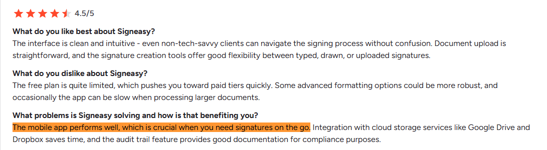 Signeasy review highlighting high performance for signatures on the go