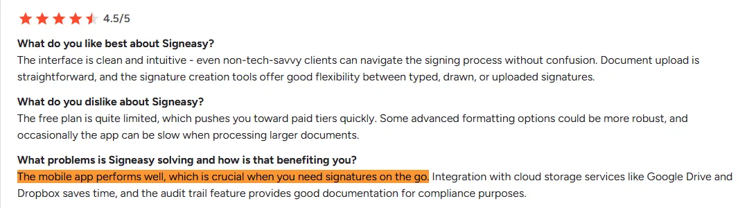 Signeasy review highlighting high performance for signatures on the go