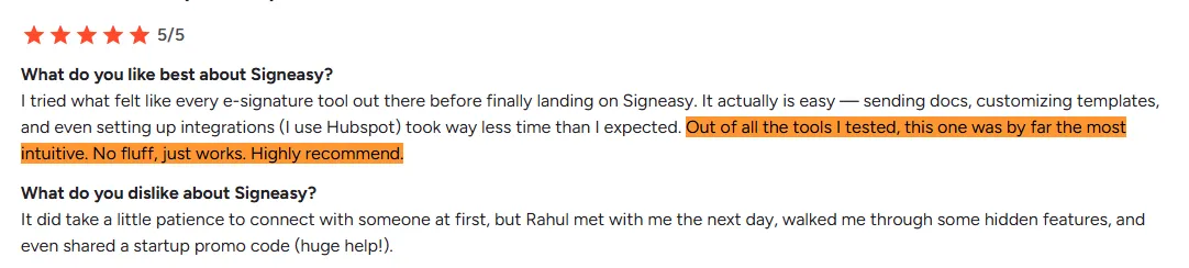 5-star review for Signeasy highlighting ease of use and no fluff