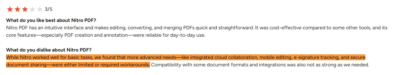 Nitro Sign review on G2 from an RCM executive in insurance noting limited integrations and e-signature tracking