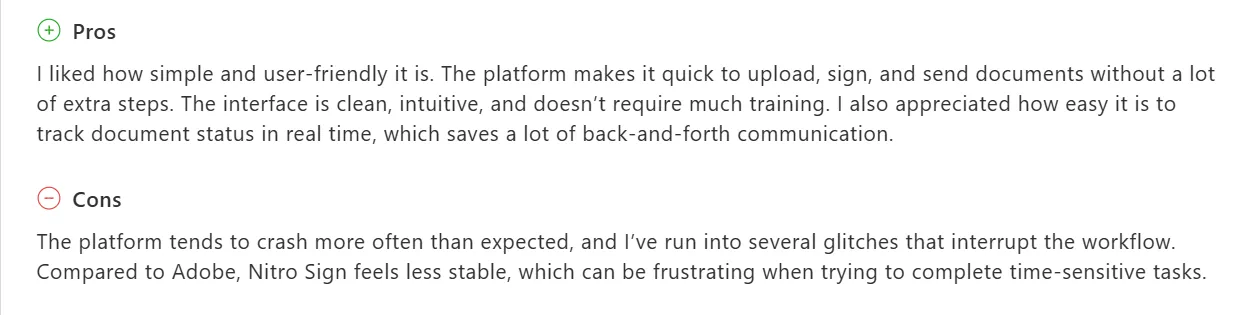 Nitro Sign review on Capterra highlighting frequent crashes and workflow glitches