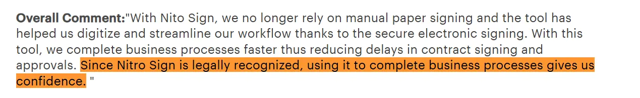 Gartner reviewer stating Nitro Sign's legal status gives their team confidence