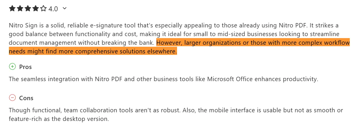 Nitro Sign review noting larger teams may need more comprehensive tools