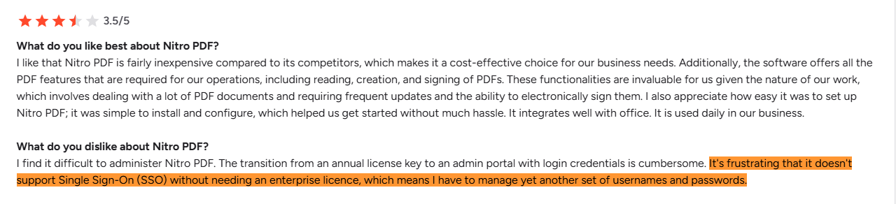 G2 reviewer frustrated that SSO requires an enterprise license in Nitro PDF