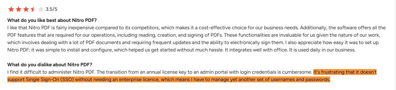 G2 reviewer frustrated that SSO requires an enterprise license in Nitro PDF