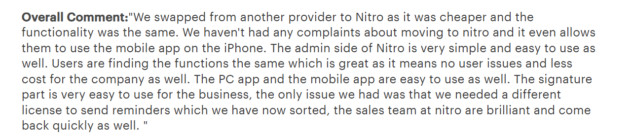 Gartner reviewer noting a smooth swap to Nitro Sign from another provider