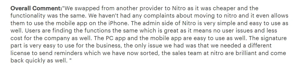 Gartner reviewer noting a smooth swap to Nitro Sign from another provider