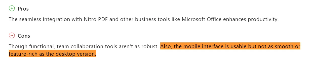 User review of Nitro eSign mentioning a less fluid mobile interface