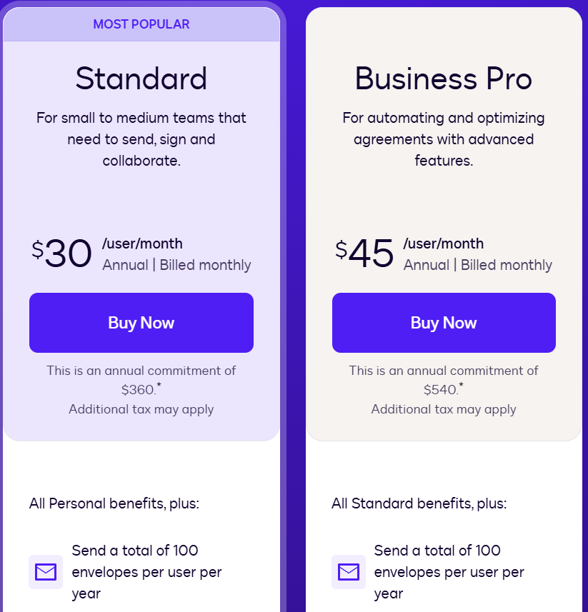 Signeasy pricing comparison showing Standard and Business Pro annual subscription plans