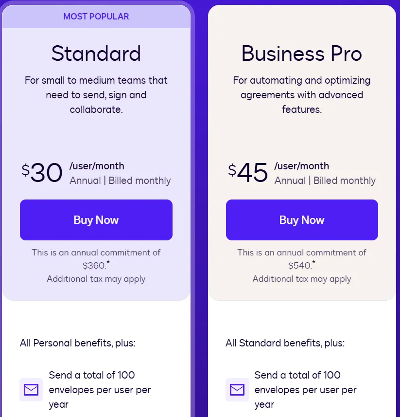 Signeasy pricing comparison showing Standard and Business Pro annual subscription plans