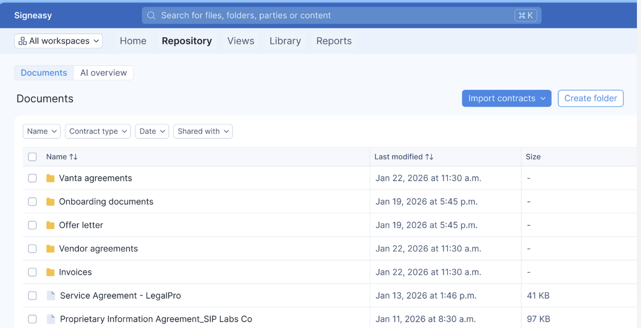 Signeasy repository dashboard showing document folders, contracts, filters, and import options