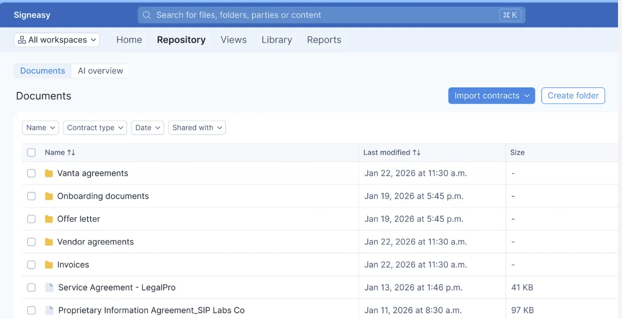 Signeasy repository dashboard showing document folders, contracts, filters, and import options