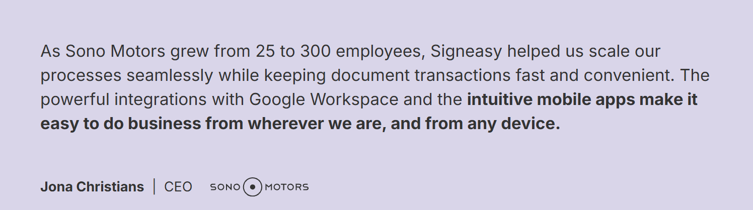 Customer quote from Sono Motors CEO about scaling document workflows with Signeasy