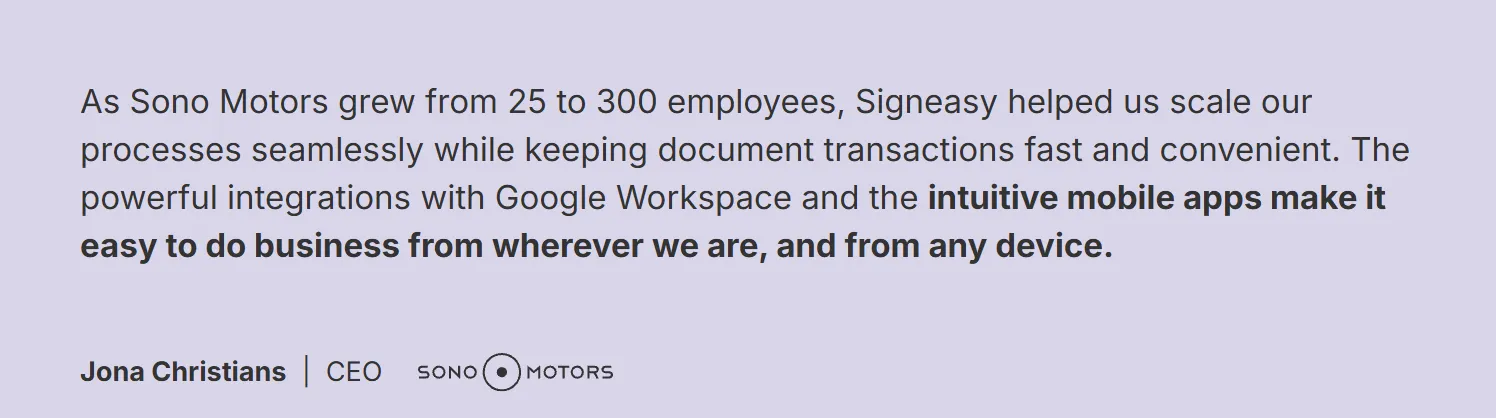 Customer quote from Sono Motors CEO about scaling document workflows with Signeasy