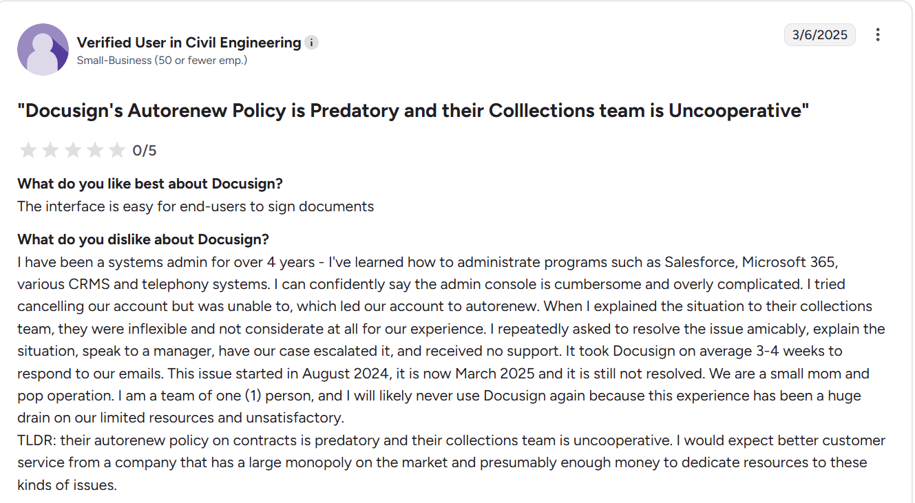 Negative DocuSign customer review describing autorenew dispute and poor collections support experience