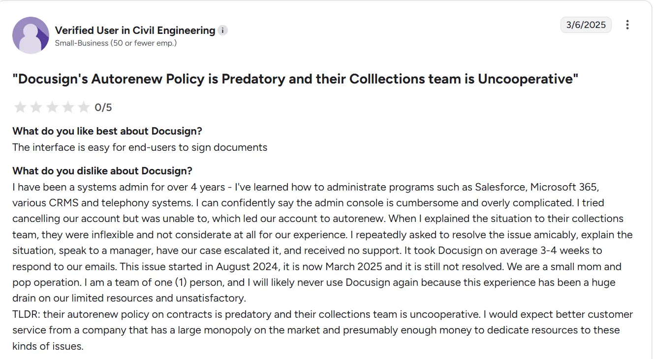 Negative DocuSign customer review describing autorenew dispute and poor collections support experience