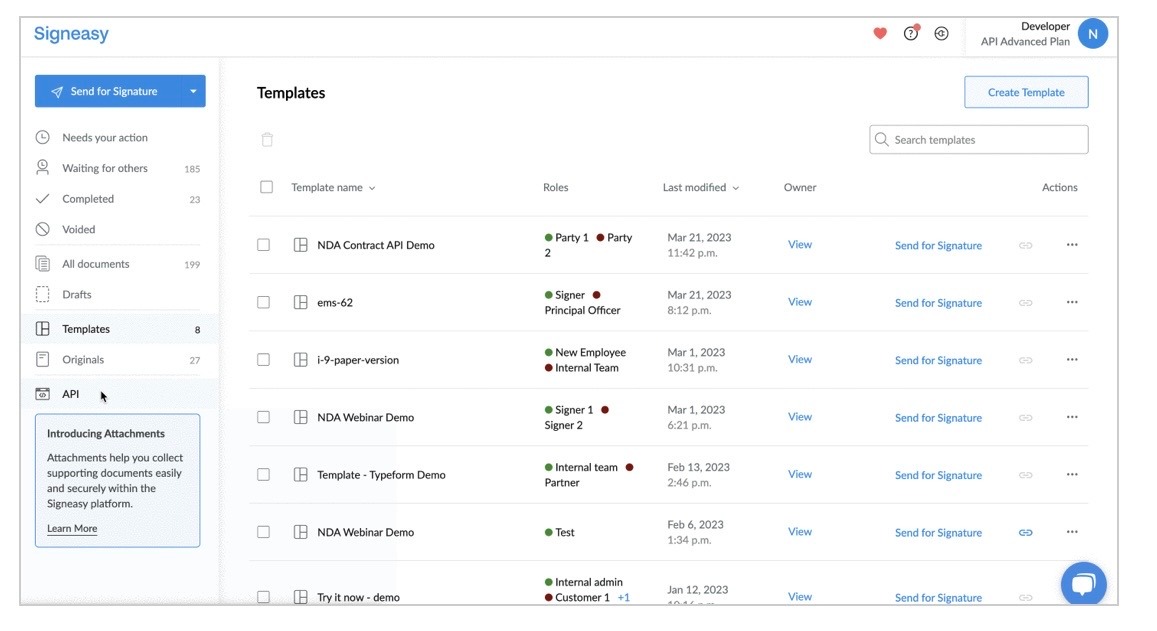 Signeasy templates dashboard showing document templates, roles, and send for signature options