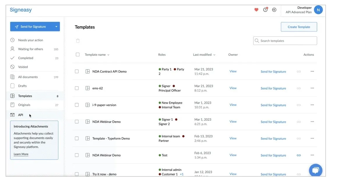 Signeasy templates dashboard showing document templates, roles, and send for signature options