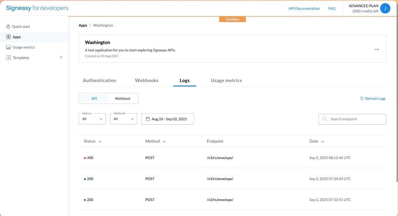 Signeasy developer dashboard displaying API logs, webhook activity, and request status tracking