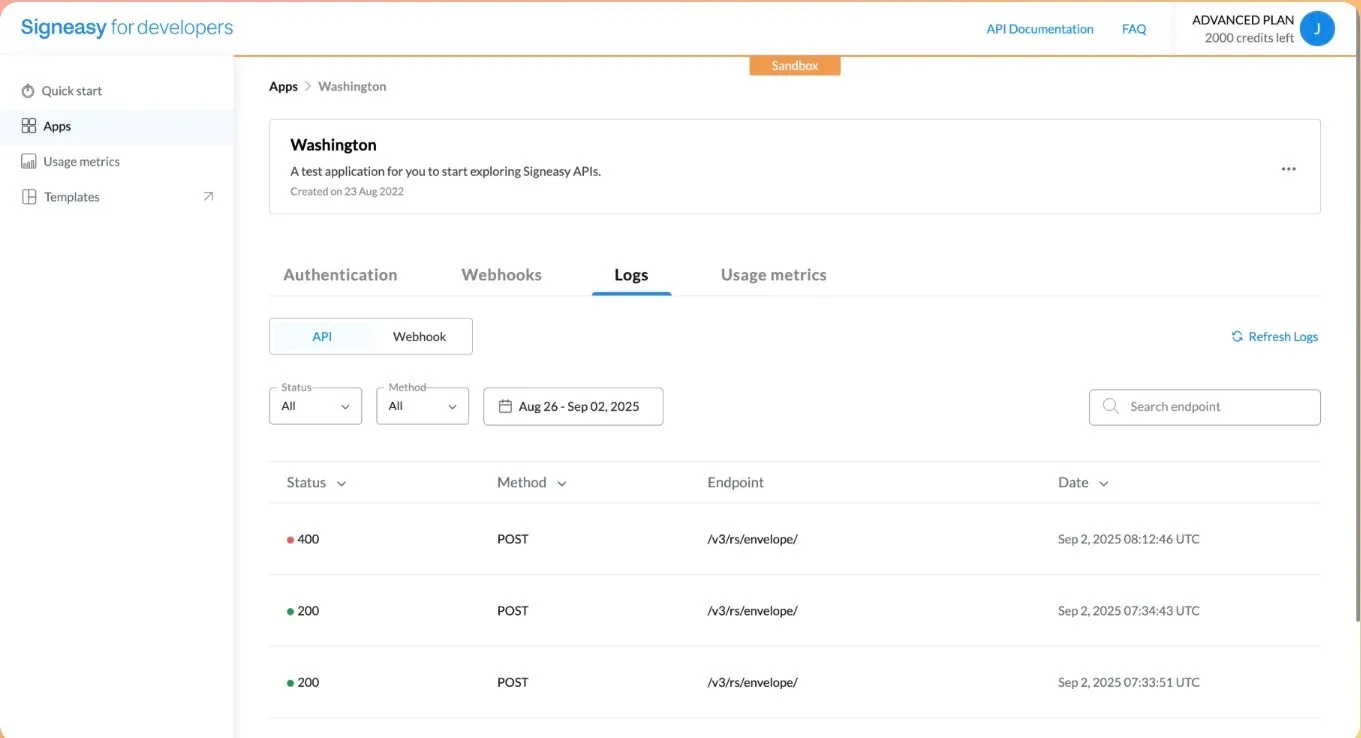 Signeasy developer dashboard displaying API logs, webhook activity, and request status tracking